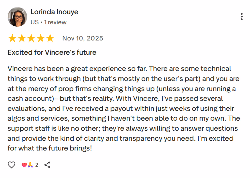 Five-star user review by Lorinda Inouye praising Vincere's support, payouts, and future prospects.
