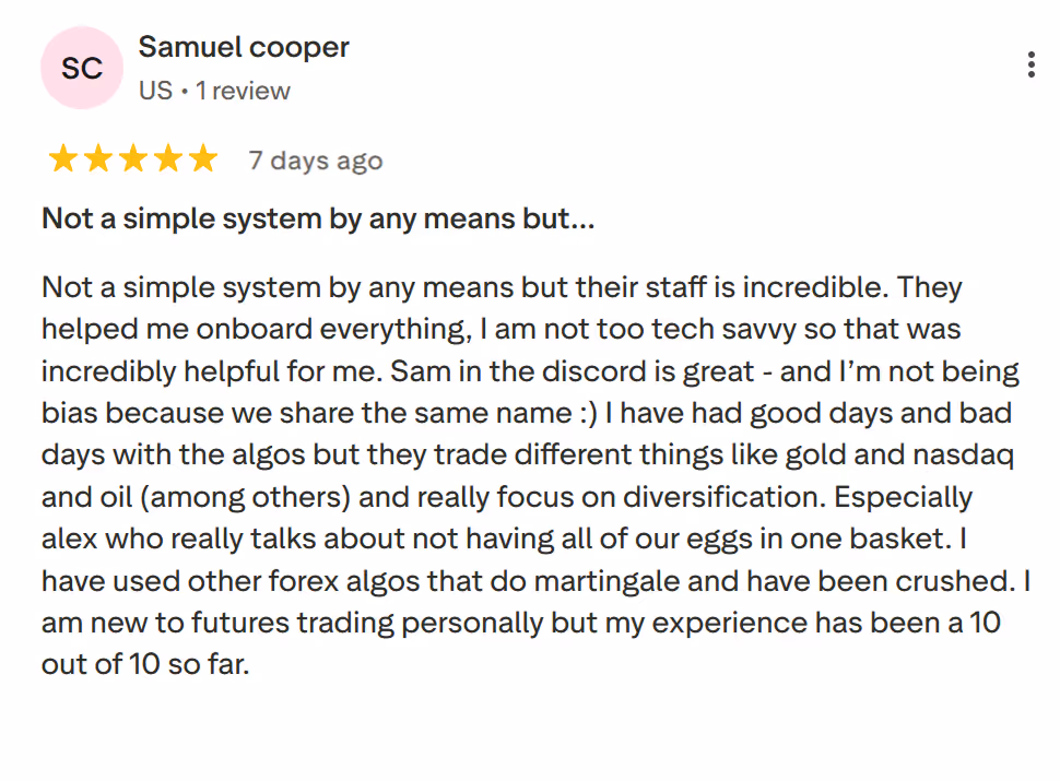 Five-star review by Samuel Cooper praising staff help, diversification, and positive futures trading experience.