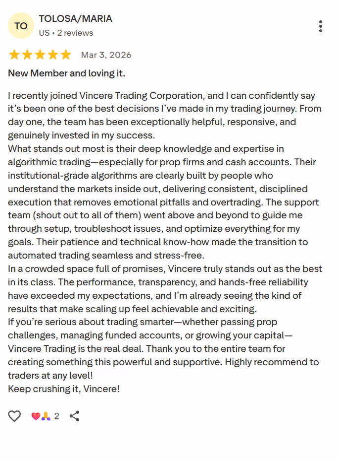 Five-star positive review praising Vincere Trading's expert team, algorithms, and support for traders.
