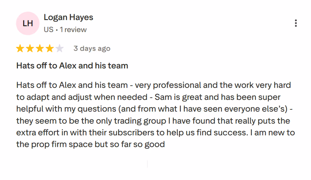 Review by Logan Hayes praising Alex's team for professionalism and helpfulness in trading group support.