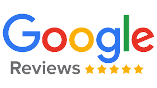 Google Reviews text with five gold stars rating below the word Reviews.