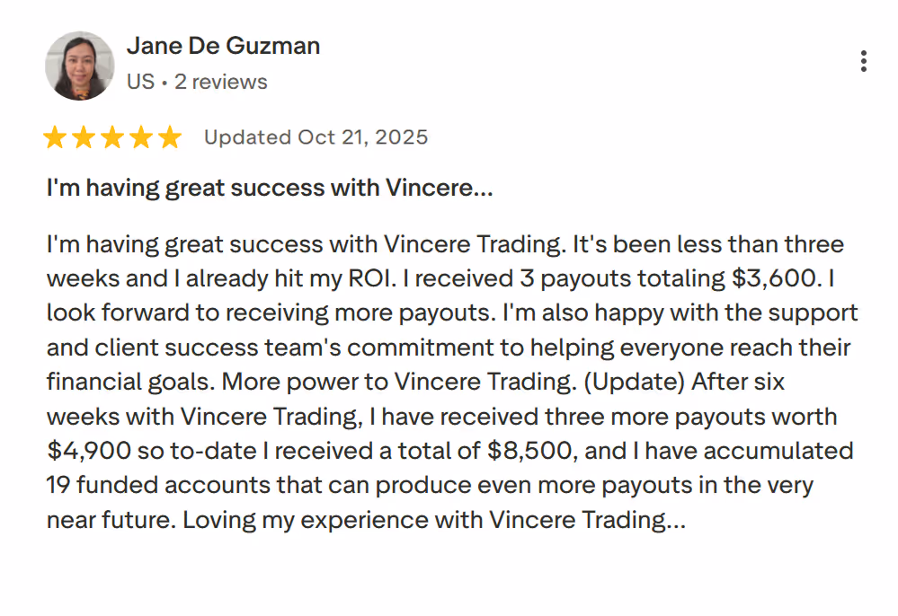 Review by Jane De Guzman praising Vincere Trading for quick payouts totaling $8,500 and helpful support.
