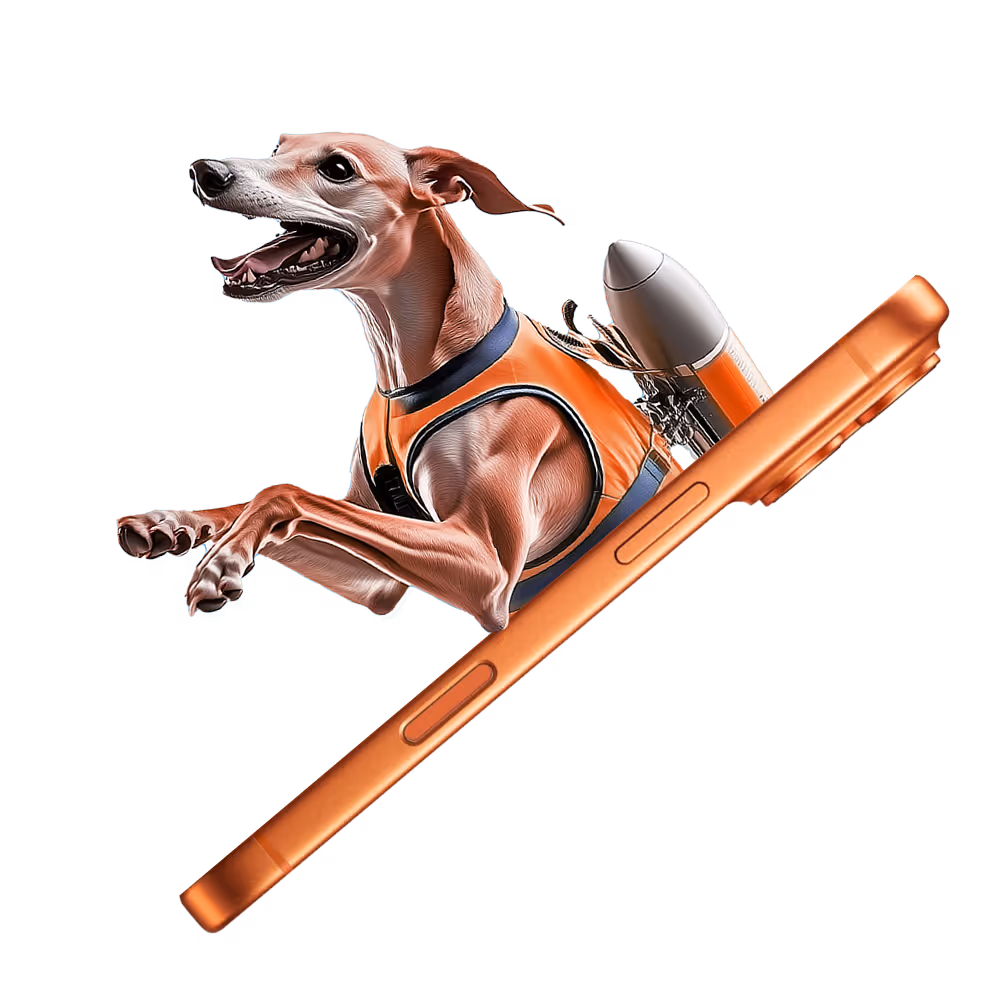 Amused Group - a dog jumping out of a phone with the help of a rocket