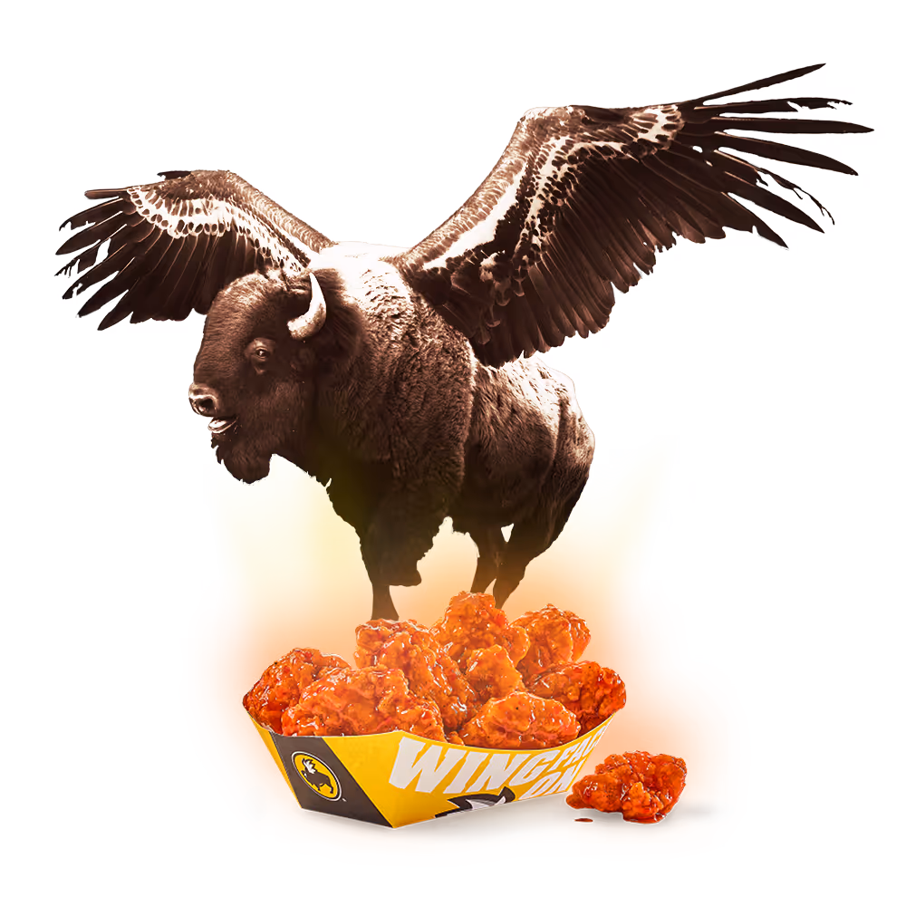 Buffalo Wild Wings, flying buffalo over some wings.