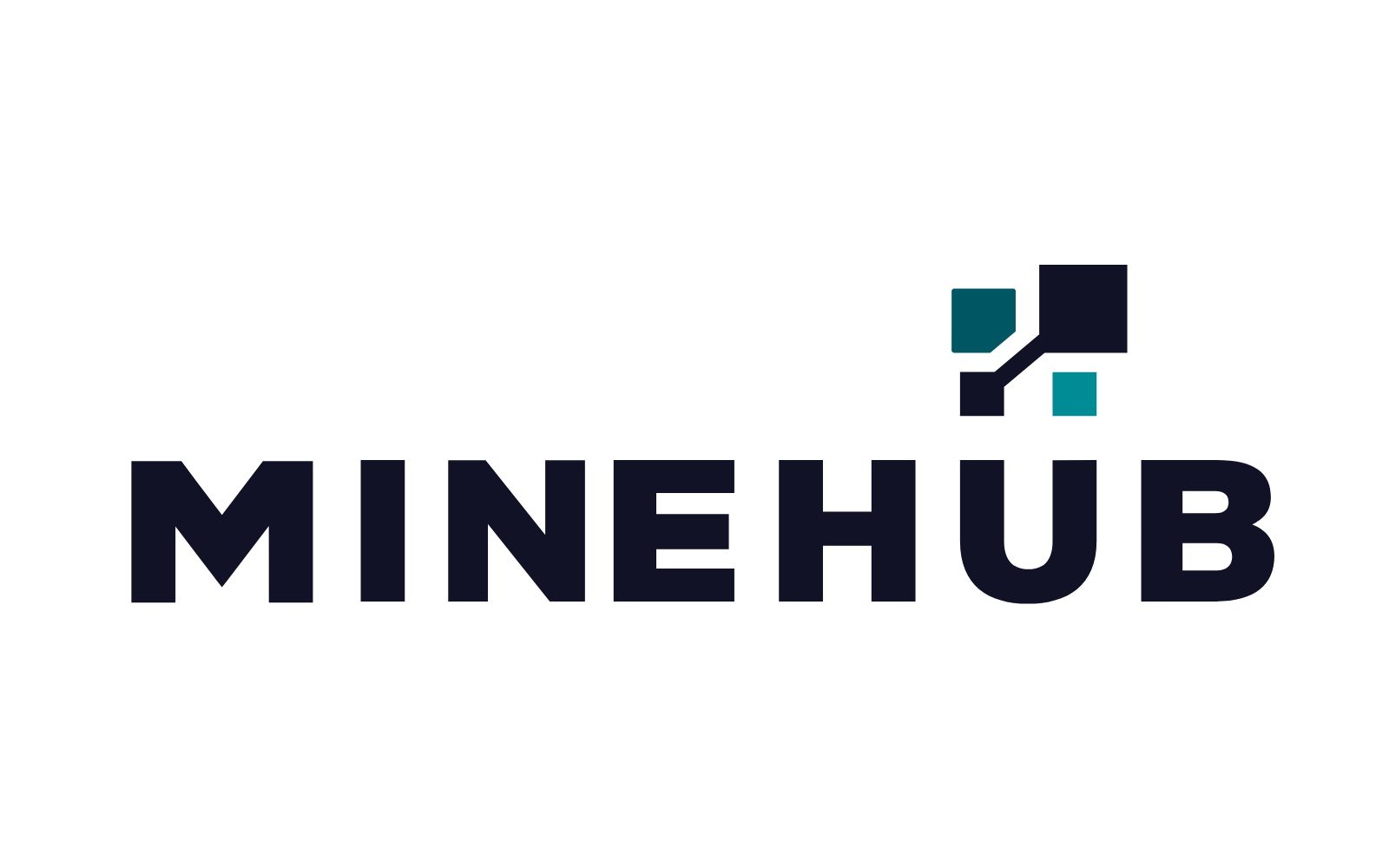 Minehub logo with stylized black and teal square nodes connected by lines above the word MINEHUB in bold black letters.
