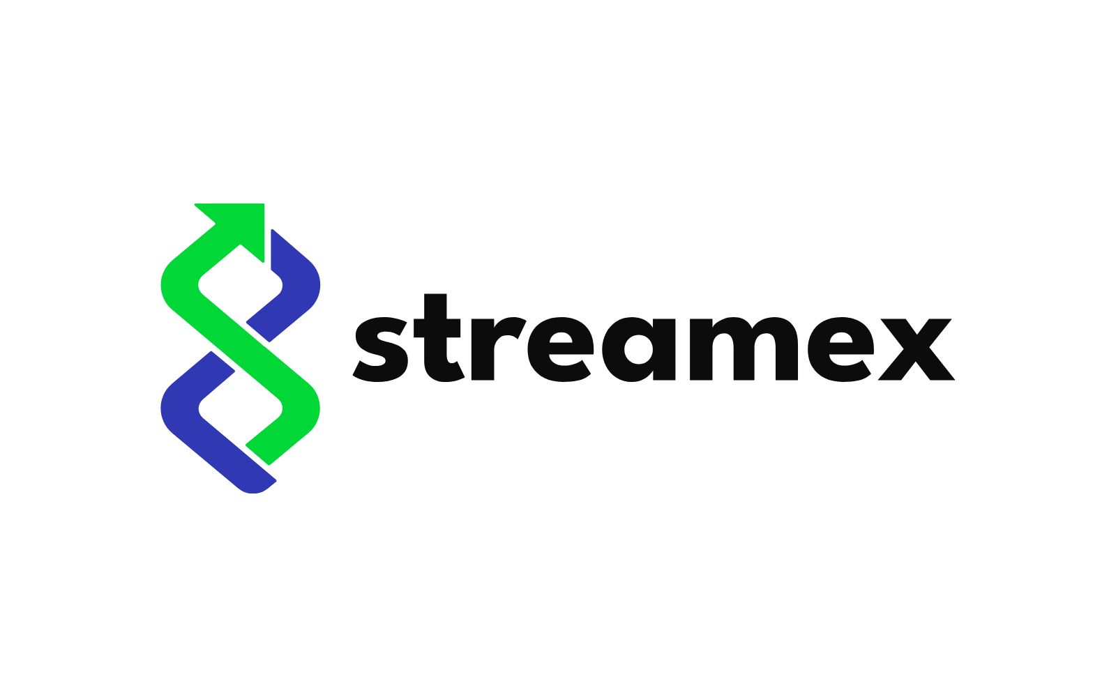Streamex logo featuring an intertwined green and blue arrow design to the left of the black lowercase text 'streamex'.