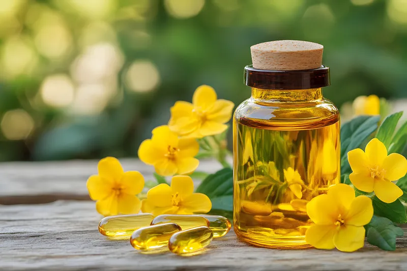 Evening primrose oil in small bottle, with capsules and yellow flowers surrounding it