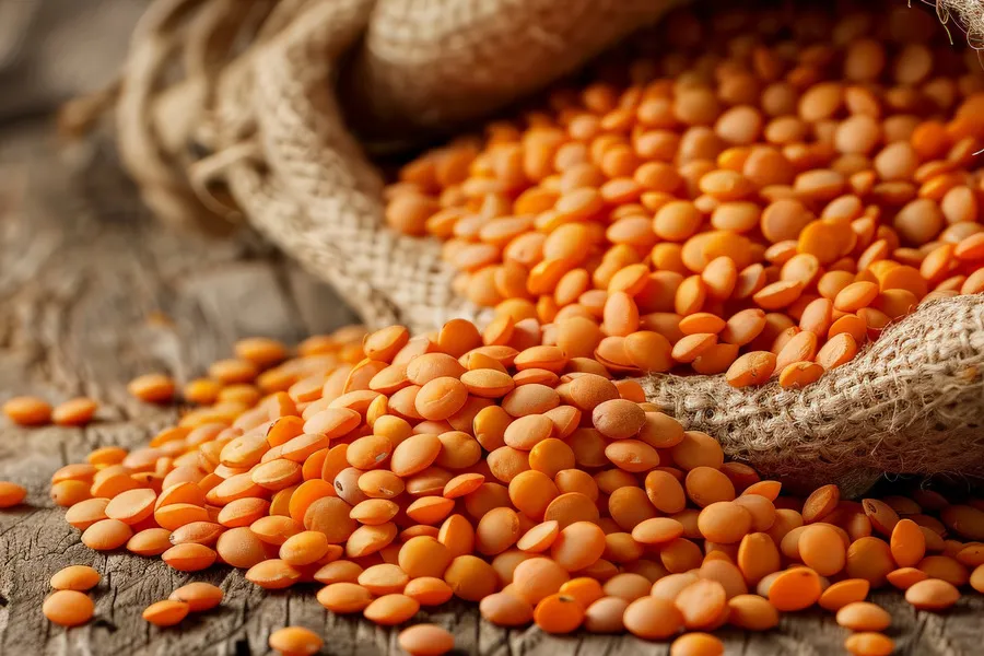 Red lentils spilling out of a sack on a wooden table
