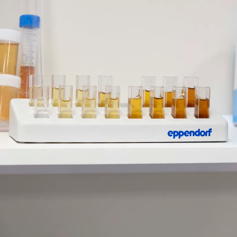 Shelf of test tubes with a range of honeys ready to be tested