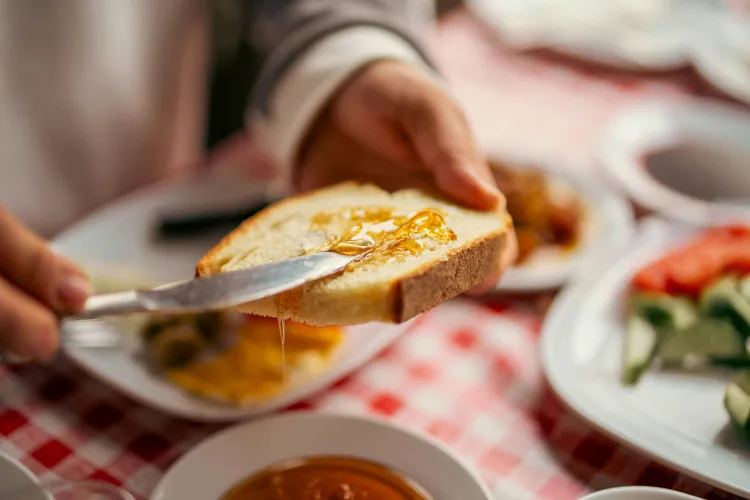Close up of honey spread on toast