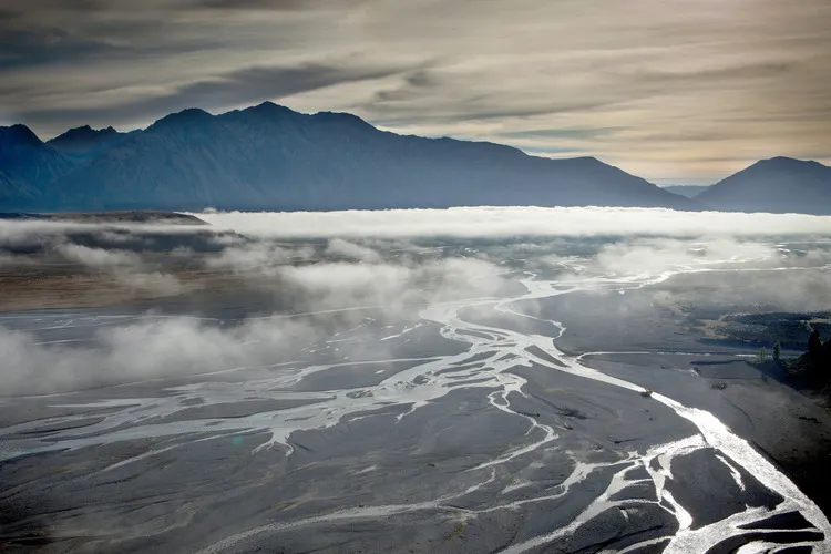 Rakaia River, at sunset with Southern Alps in the background