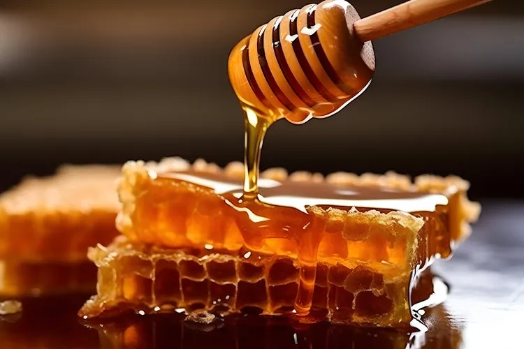 Honey dipper with honey dripping onto honey comb