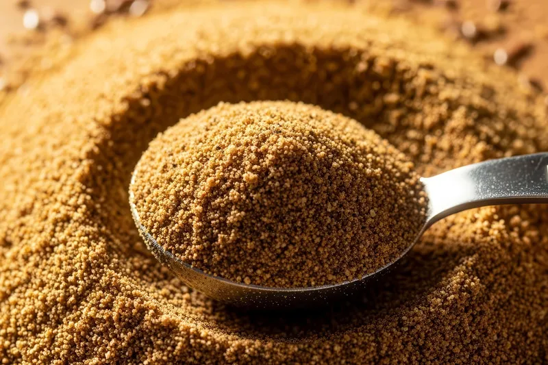 Close up of Ground flaxseed on a silver spoon