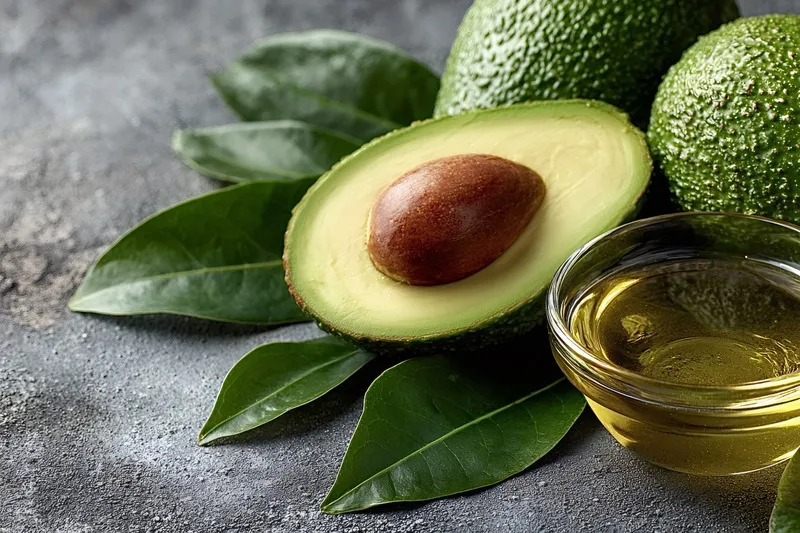 Small glass bowl of avocado oil beside a halved avocado