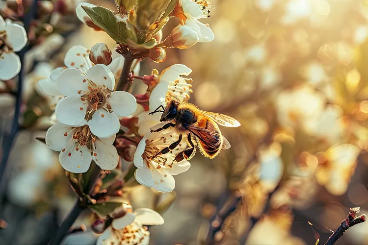Bee collecting pollen from Manuka flower sitting in the sunlight