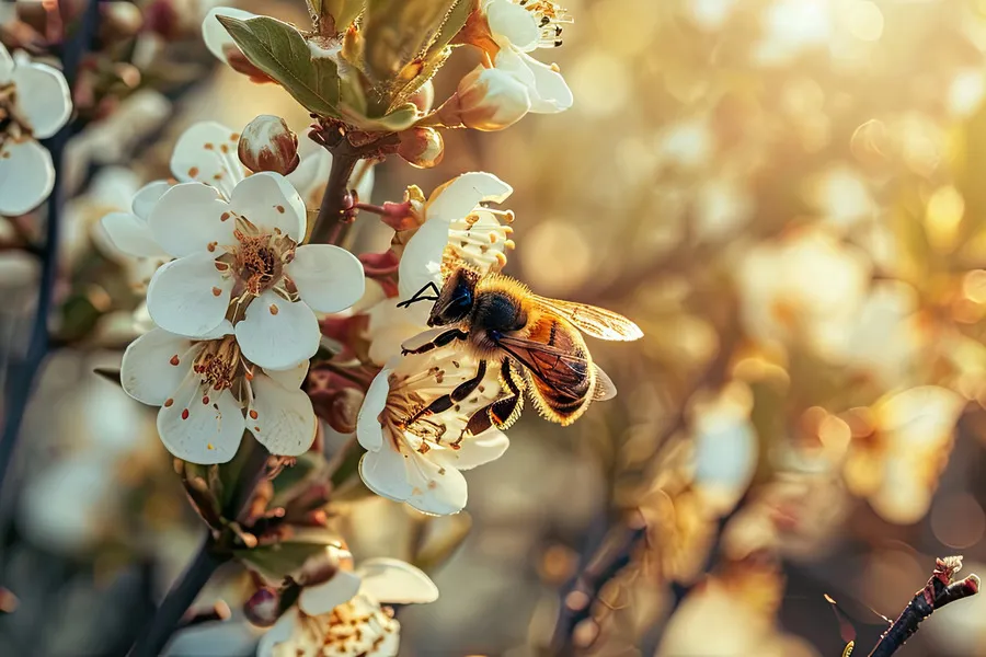 Bee collecting pollen from Manuka flower sitting in the sunlight