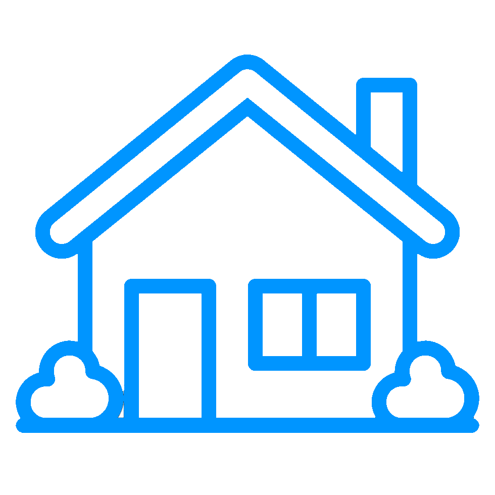 Blue line icon of a house with a door, window, chimney, and bushes on either side.