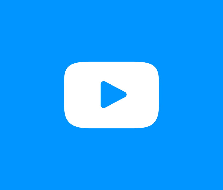 White play button icon centered on a solid blue background.