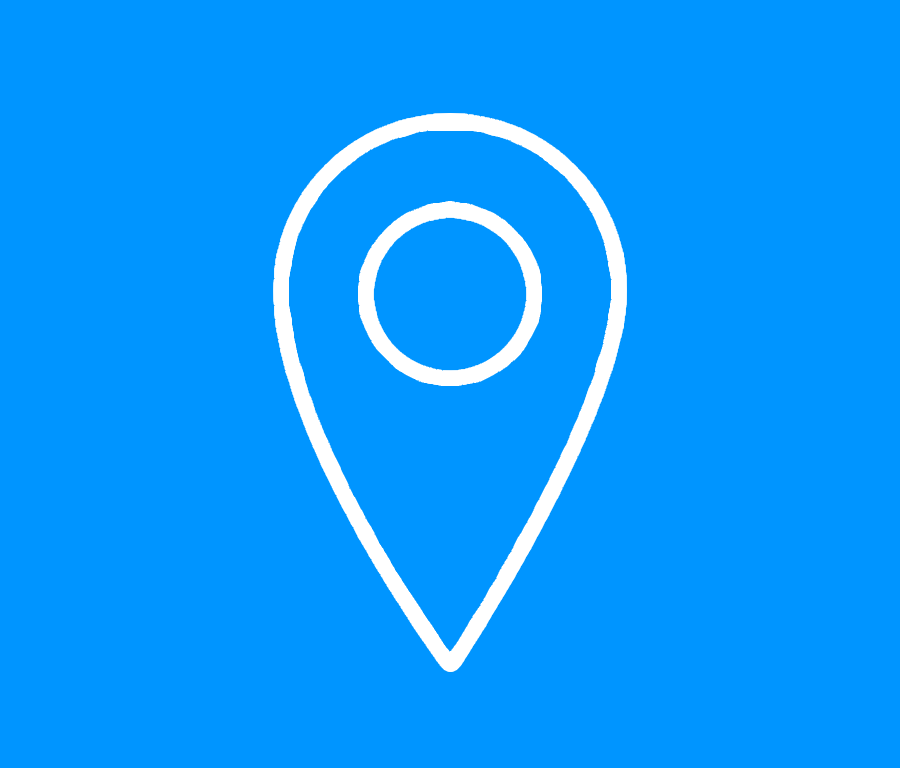 White location pin icon on a blue background.