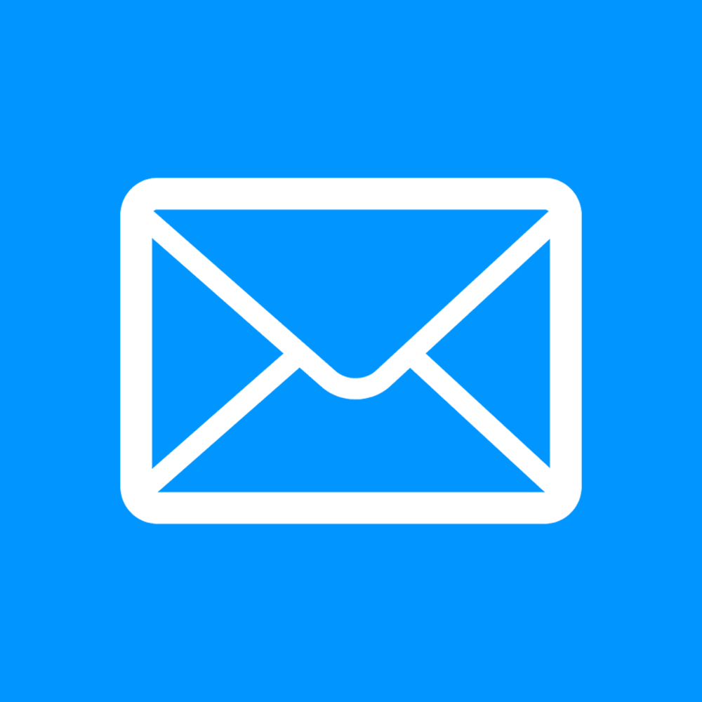 White envelope icon on a blue background representing email or messaging.
