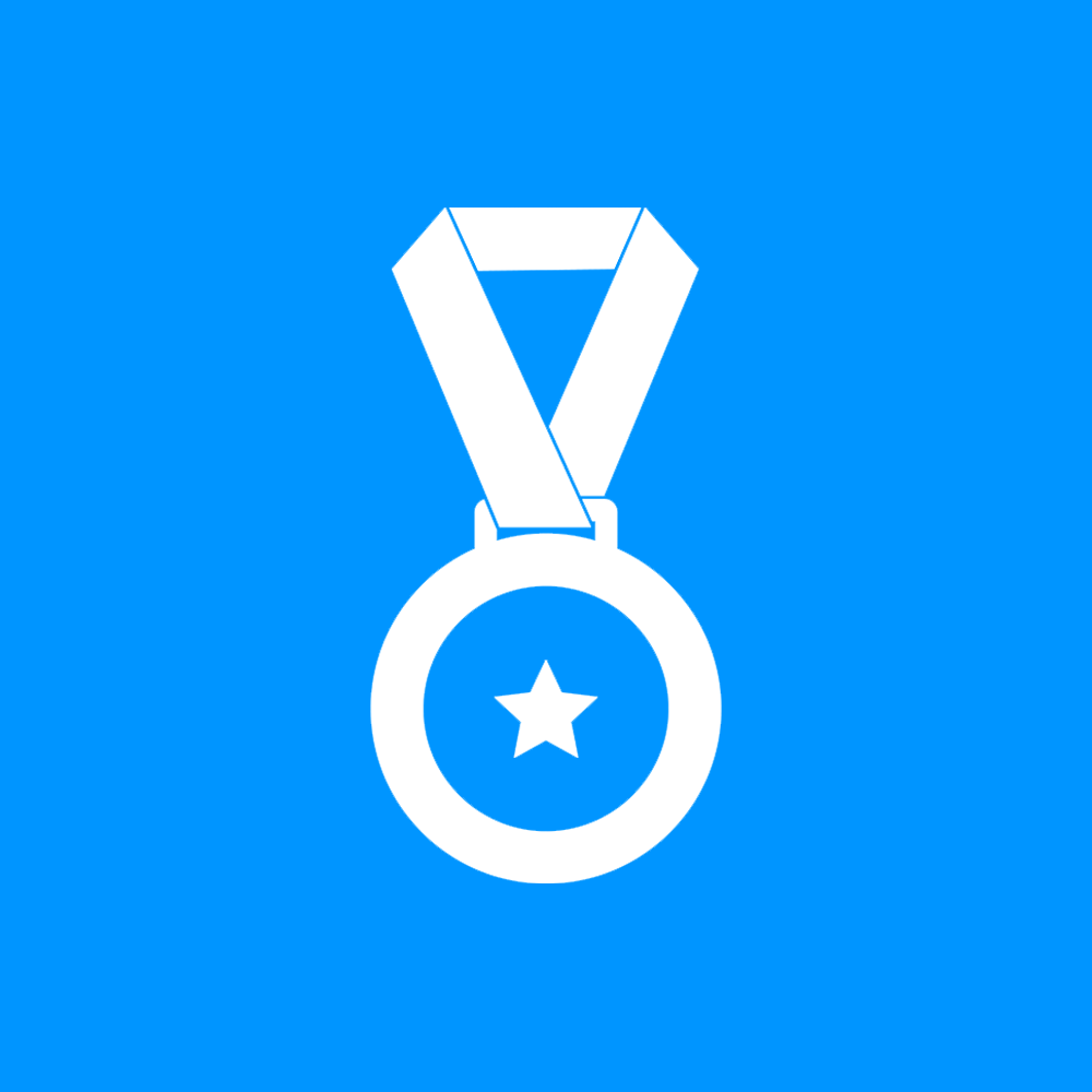 White medal with a star in the center and a ribbon on a bright blue background.
