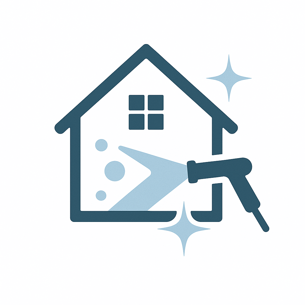 Icon of a house being cleaned with a spray gun and sparkling effect.