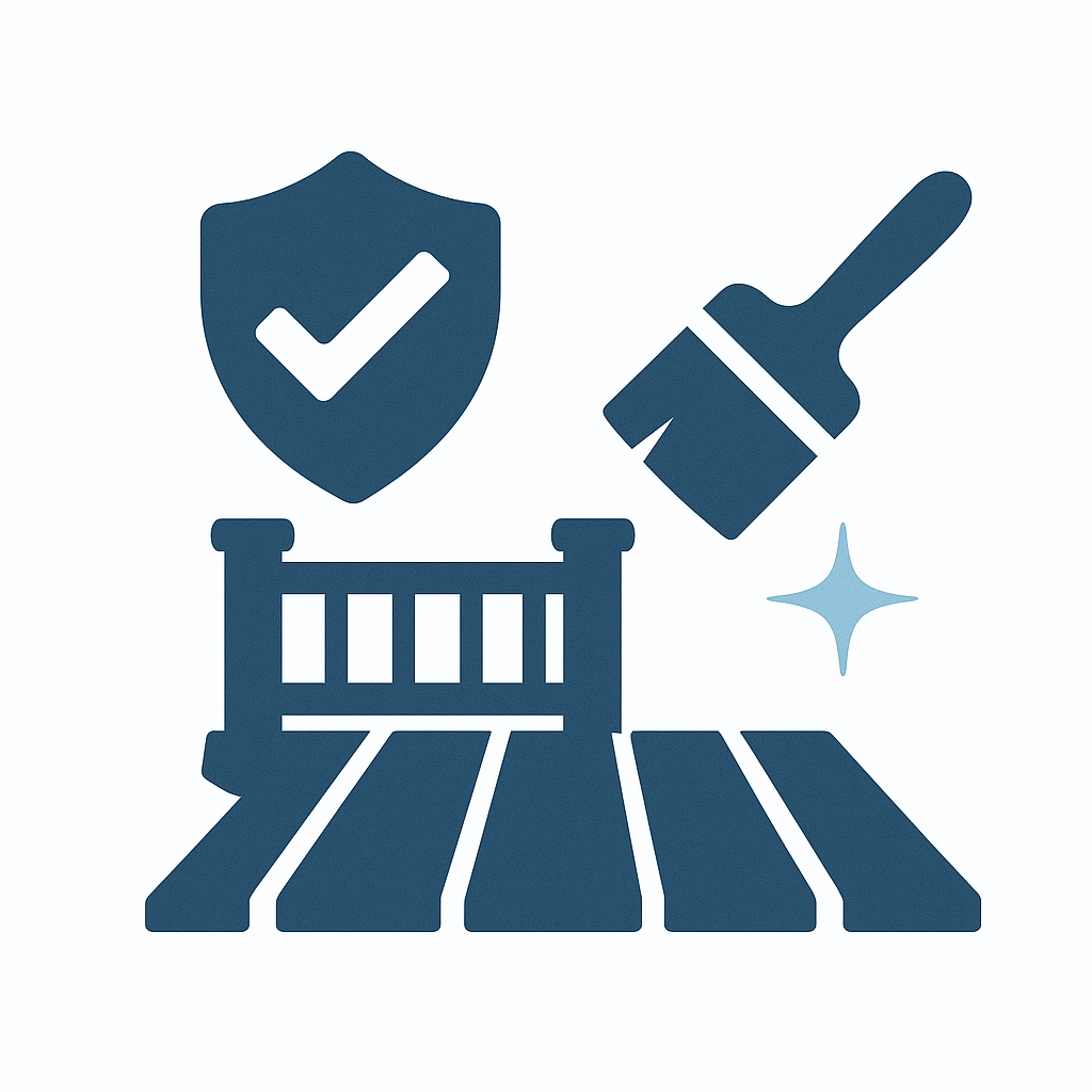 Illustration of a painted wooden deck with a shield and checkmark symbol representing protection and a sparkle indicating cleanliness.
