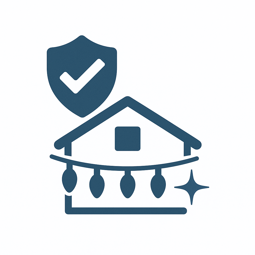 Icon of a house decorated with hanging lights, a shield with a checkmark above it, and a sparkle symbol indicating safety and cleanliness.