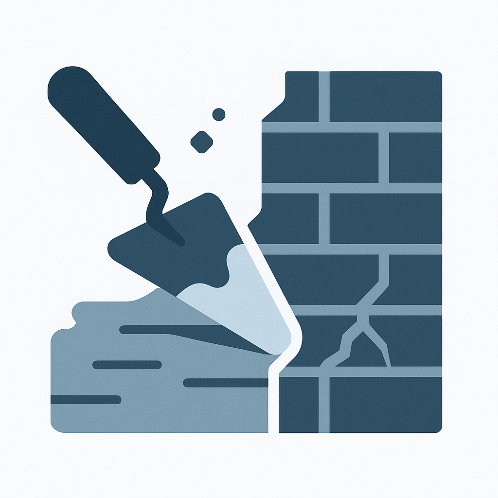 Illustration of a trowel applying mortar to a cracked brick wall during repair.