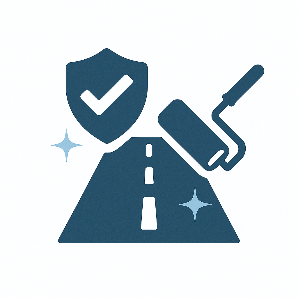 Icon of a freshly paved road with a paint roller, shield with checkmark, and sparkles symbolizing road safety and quality.