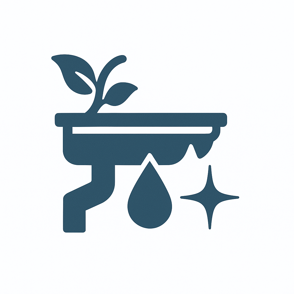 Icon of a gutter with a plant growing out of it, water droplet falling, and a sparkle indicating cleanliness or freshness.