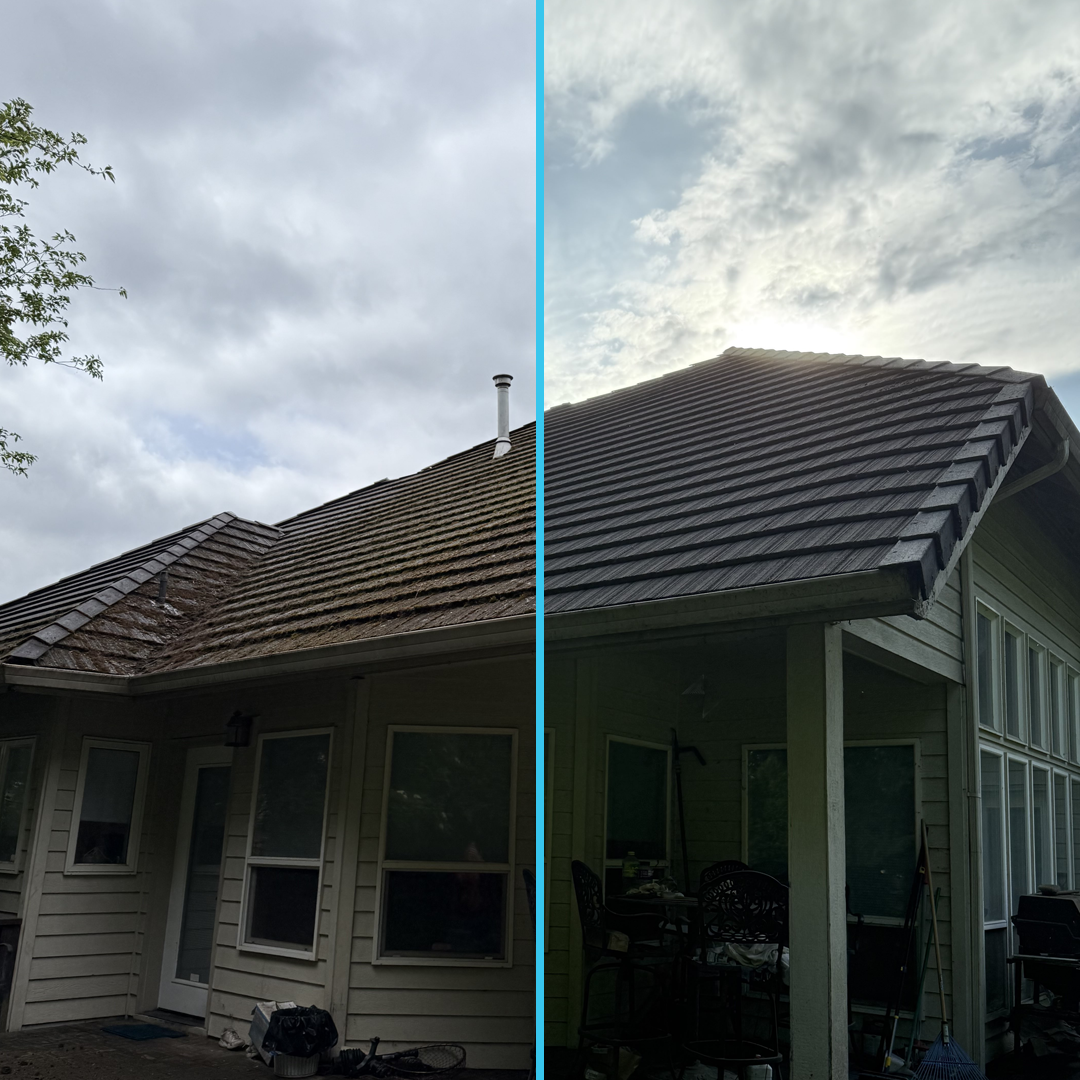 Split image showing a house roof before and after cleaning; the left side roof is covered in moss and dirt, while the right side is clean and clear.