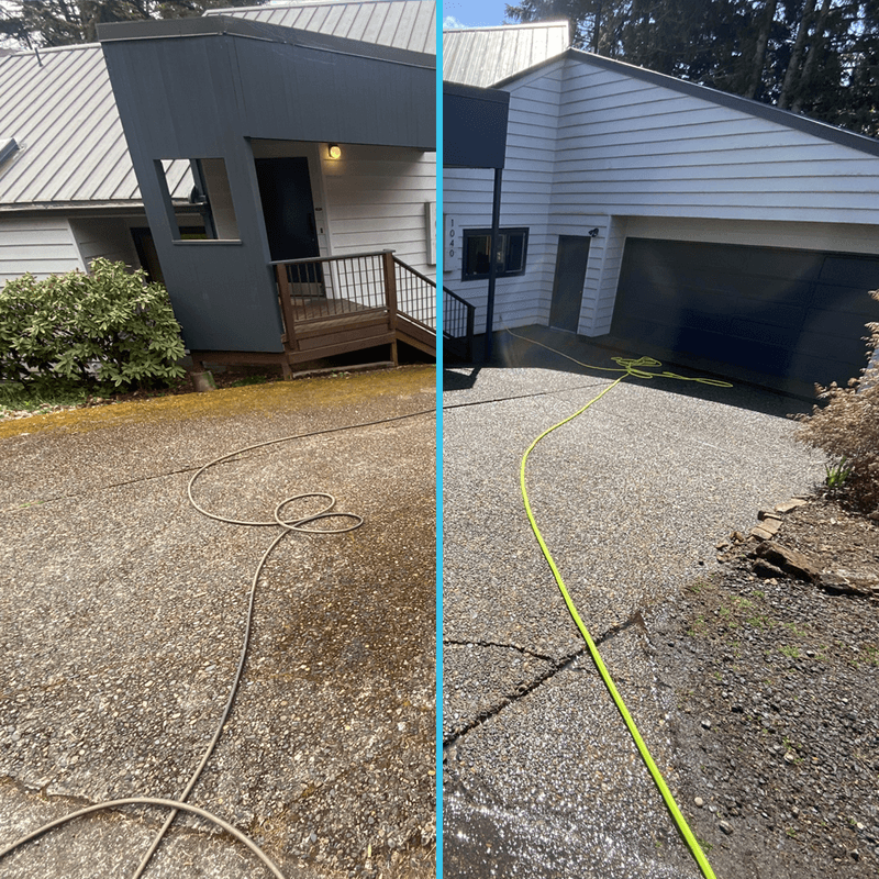 Dirty discolored driveway beside the same driveway pressure washed clean