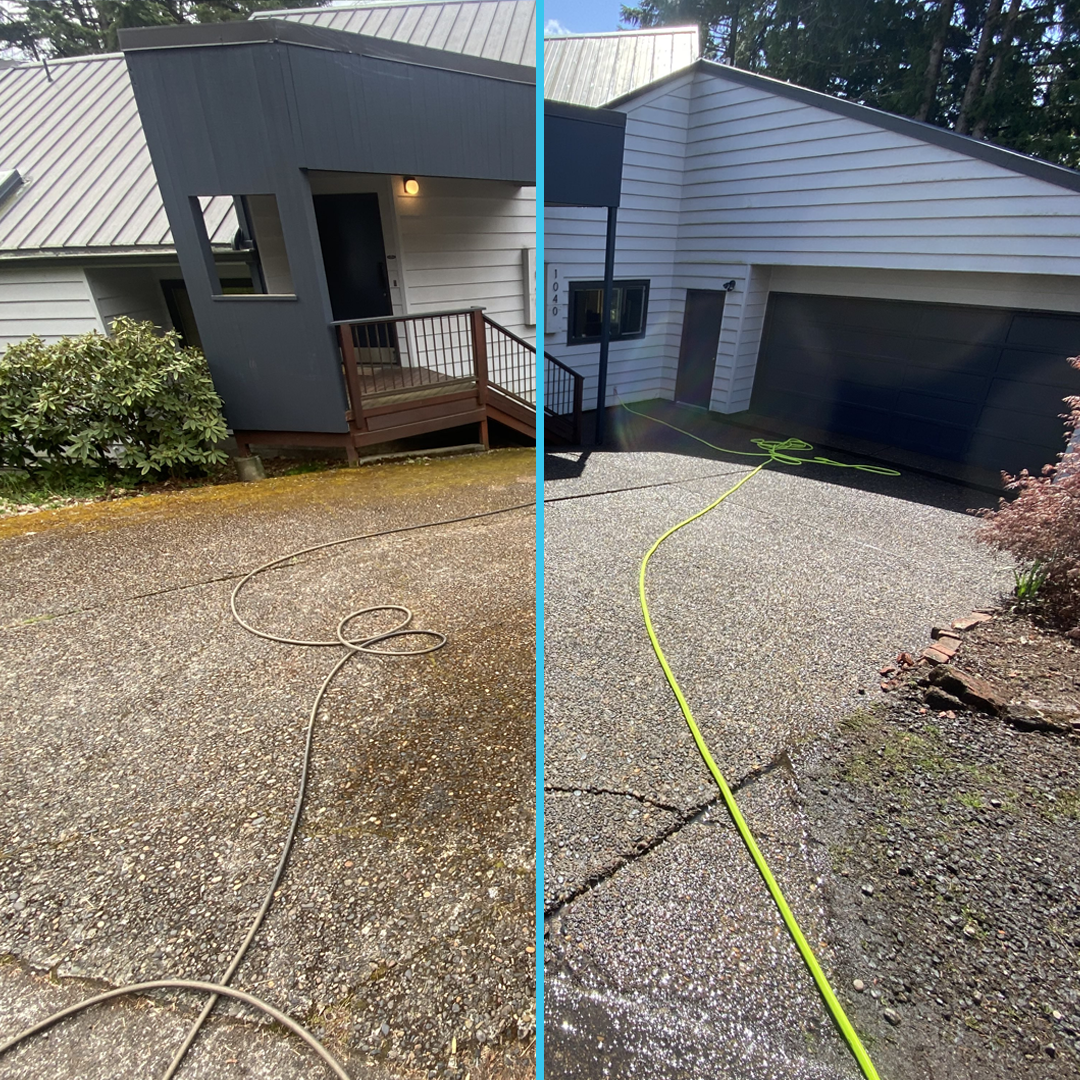 Split-image showing a driveway before and after cleaning; the left side is dirty and discolored, while the right side is clean and bright.
