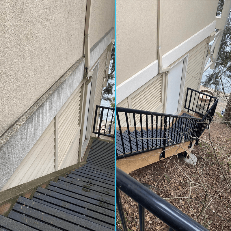 Weathered mossy exterior stairs beside the same stairs cleaned and restored