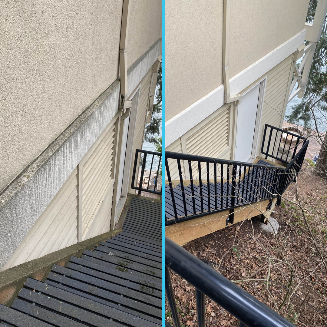 Before and after comparison of an outdoor staircase: left side shows old, weathered black steps with moss on the adjacent wall; right side shows the same staircase after renovation with clean black steps and fresh wood supports.