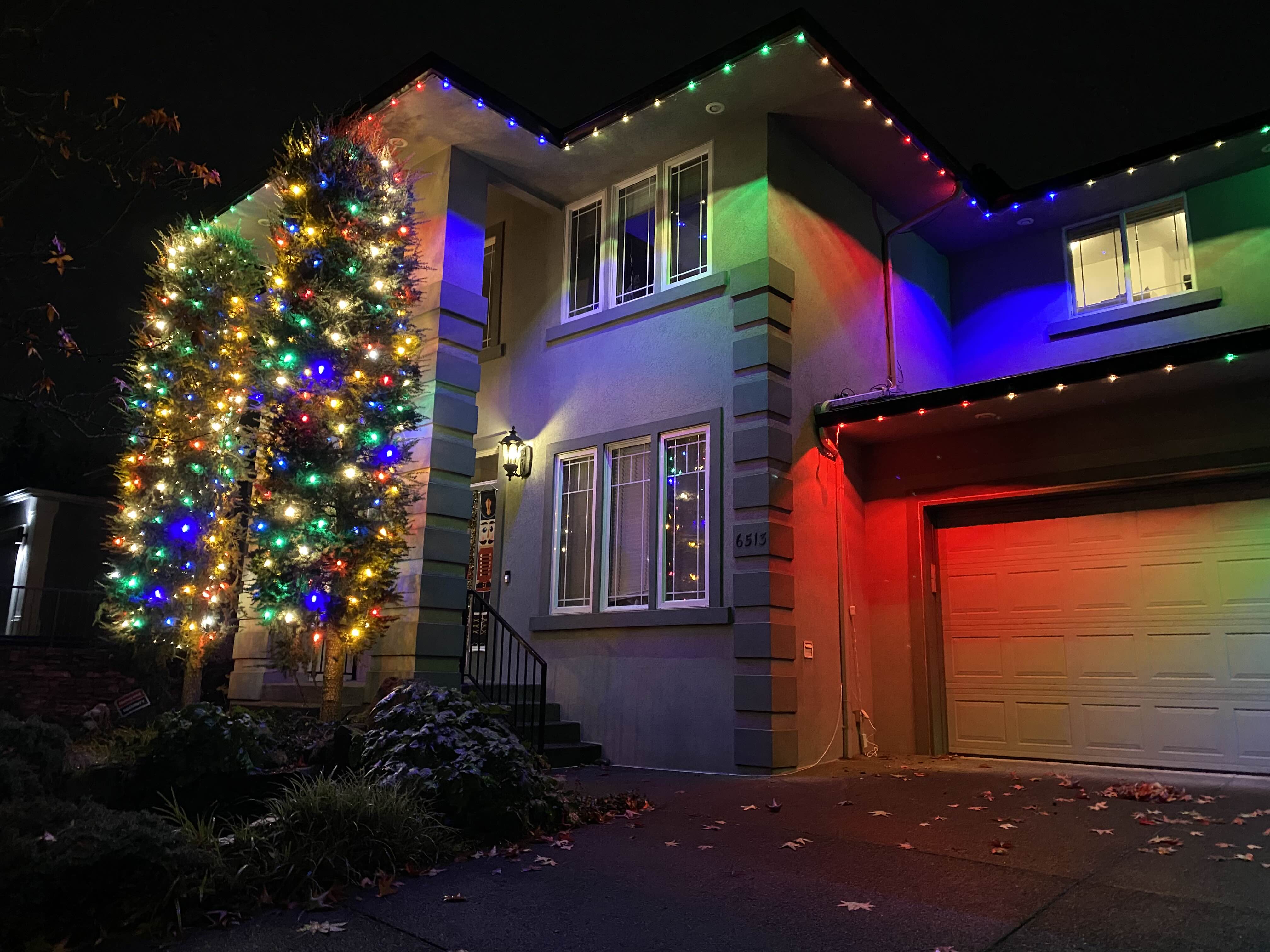 Two tall outdoor pine trees decorated with colorful Christmas lights beside a house illuminated with multi-colored lights at night.