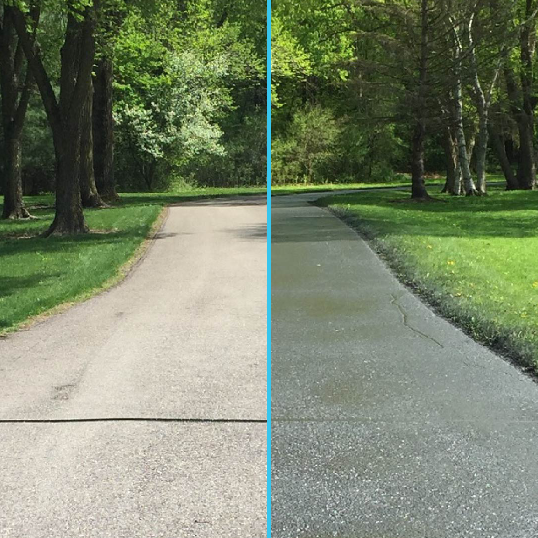 Side-by-side comparison of a driveway with the left side faded and stained, and the right side freshly cleaned and darker.