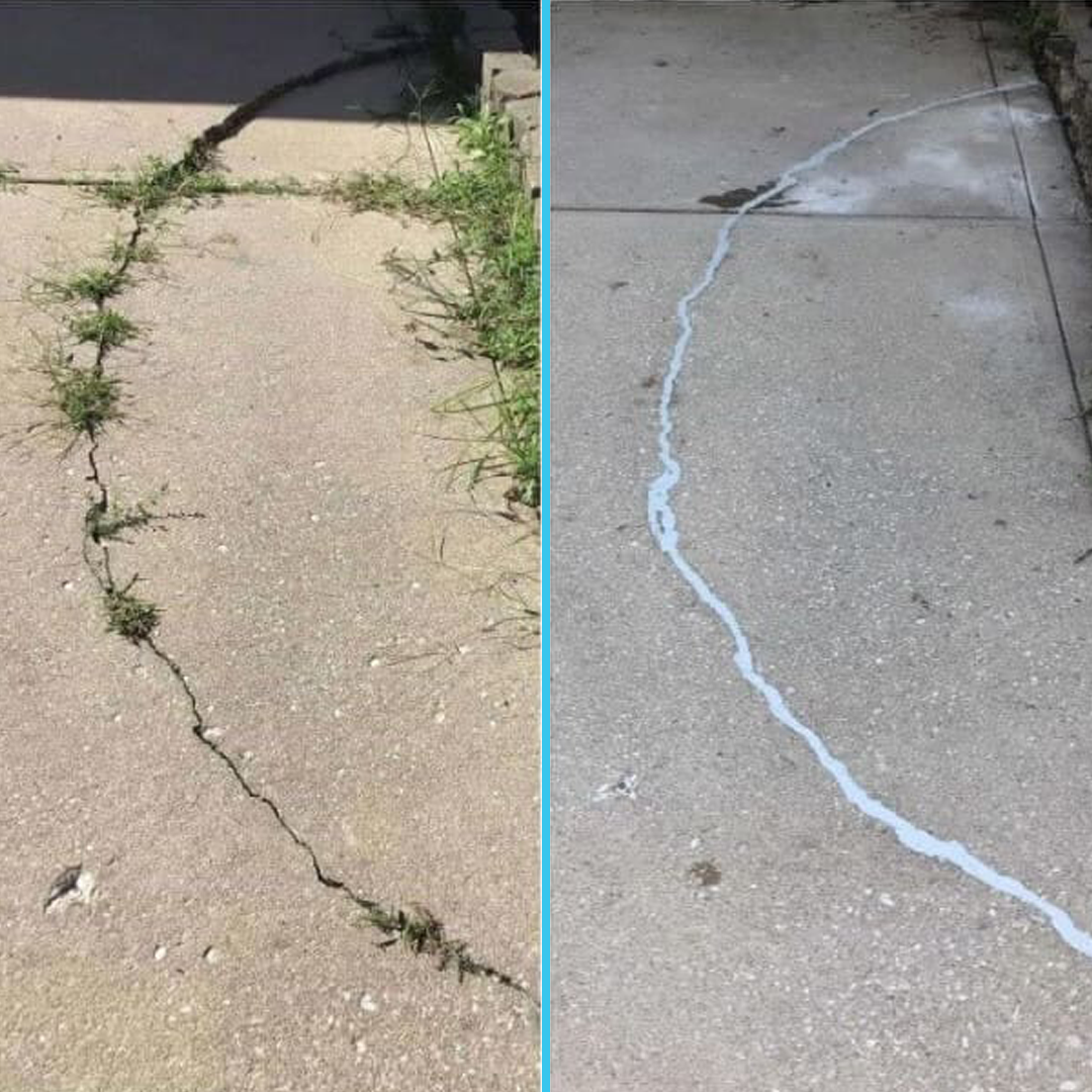 Side-by-side comparison of a cracked concrete sidewalk with grass growing in cracks on the left and the same sidewalk after cracks are filled with sealant on the right.