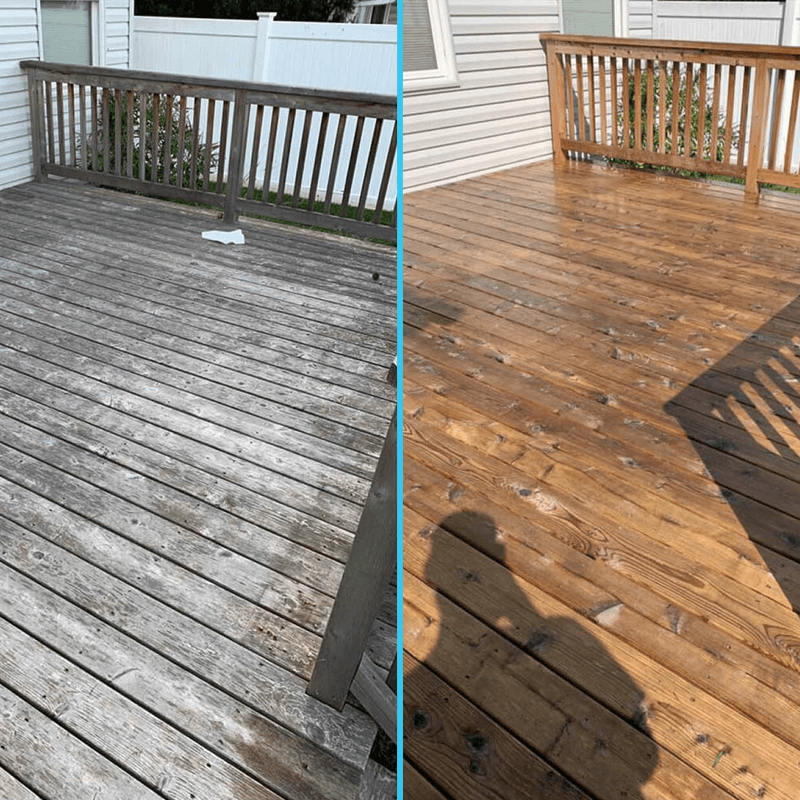Weathered gray deck boards beside the same deck cleaned and re-stained brown