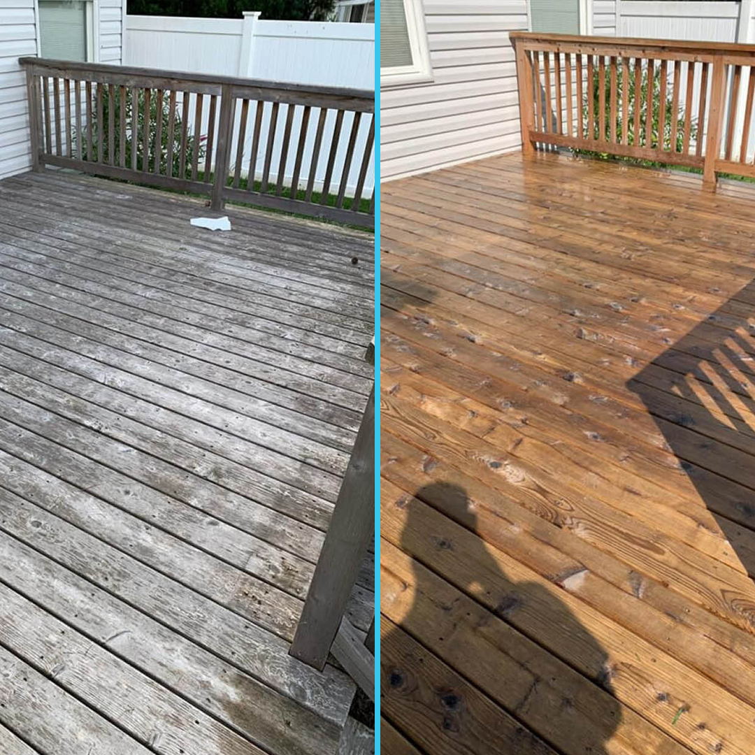 Side-by-side comparison of a wooden deck before and after cleaning and refinishing, showing weathered gray boards on the left and restored warm brown boards on the right.