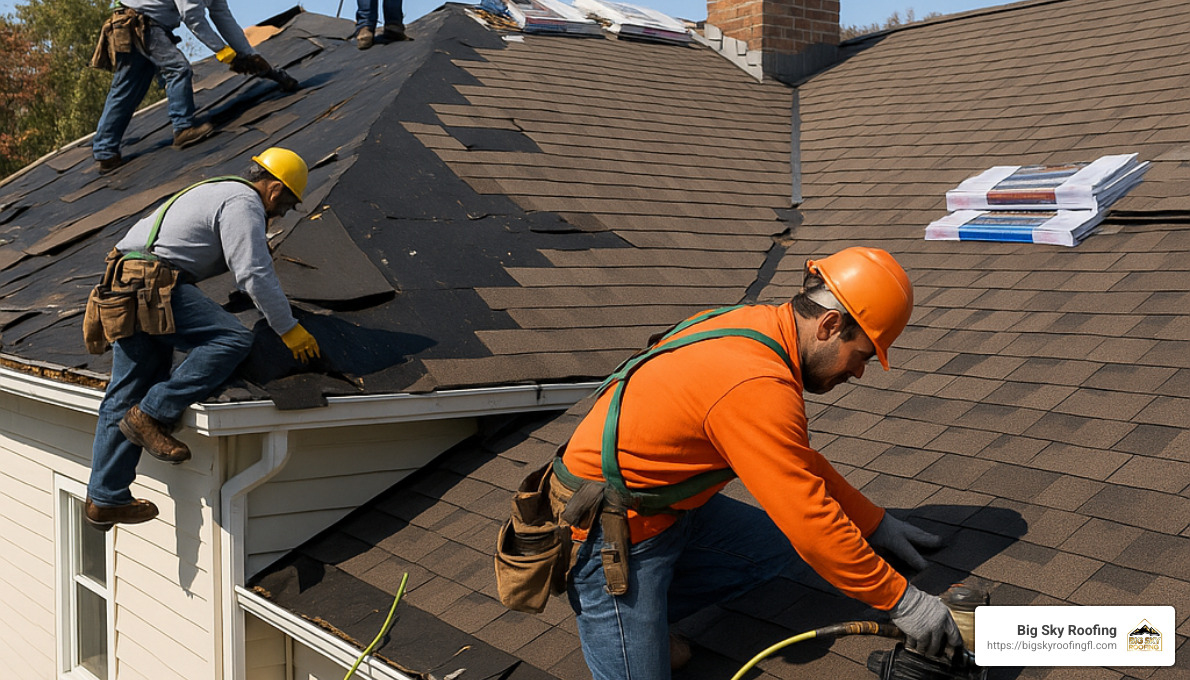Roof installation showing materials and labor in progress - roof estimate 1000 sq ft