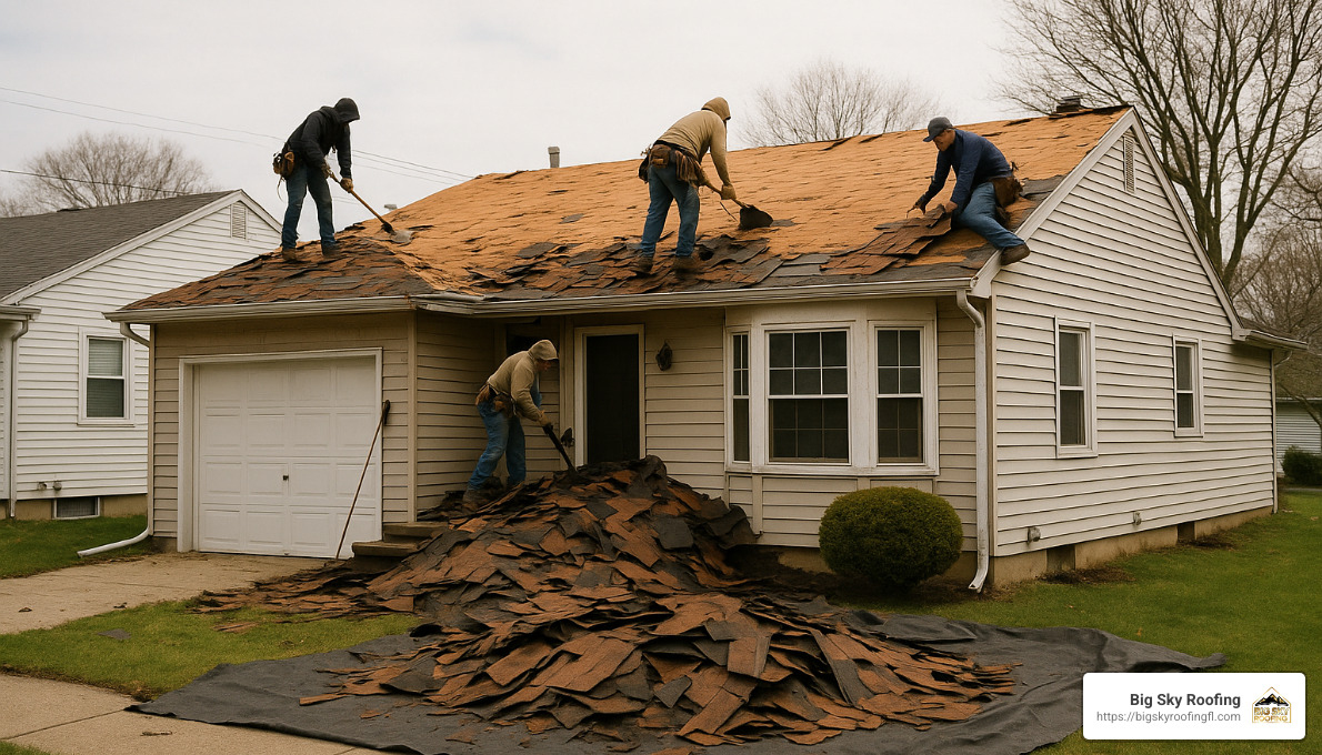 stages of roof replacement from tear-off to completion in Clermont
