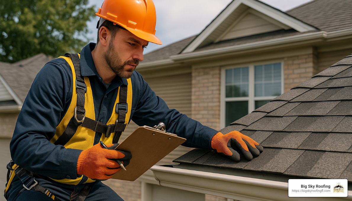 licensed roofing contractor inspecting a roof in Clermont