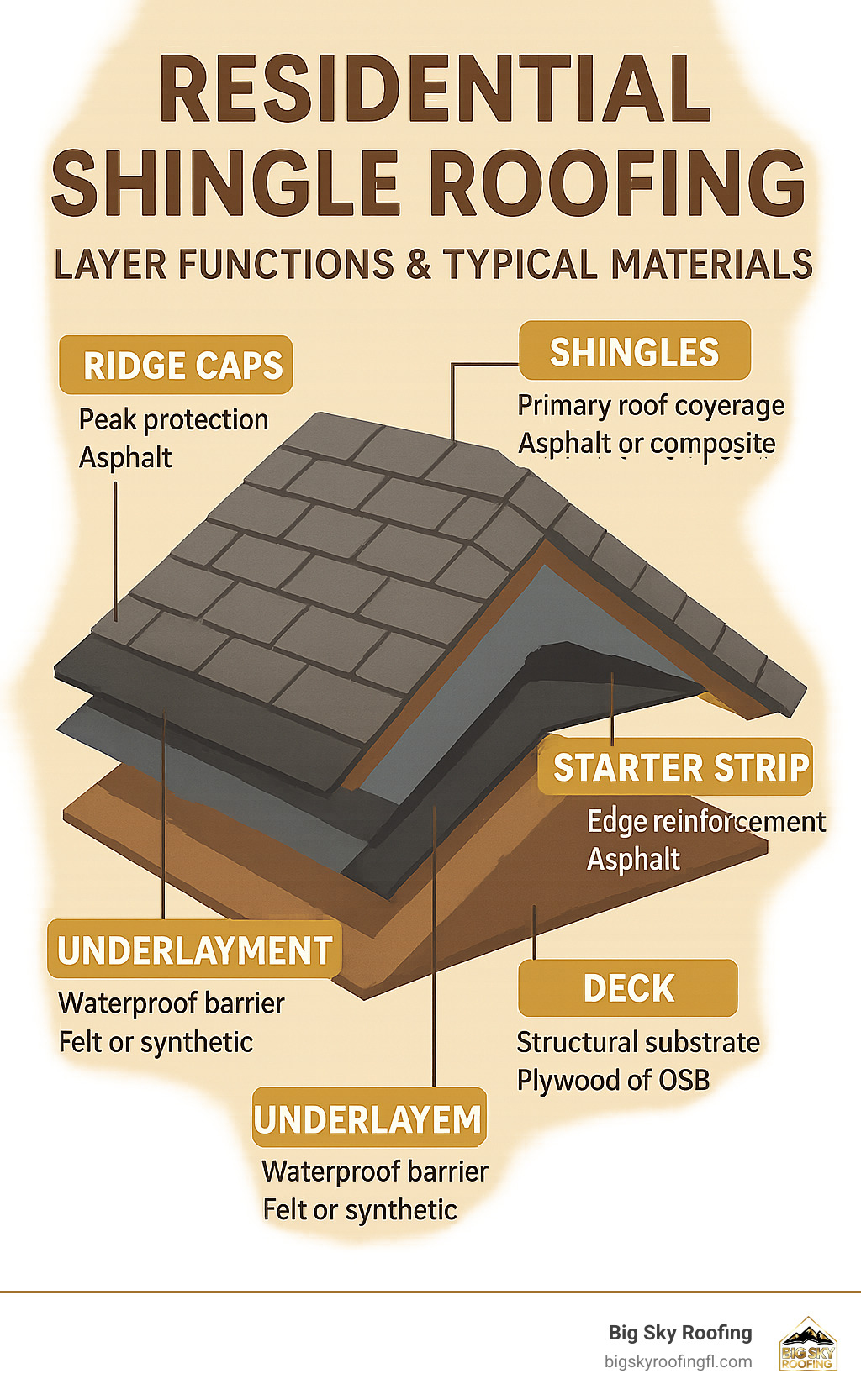 Residential shingle roofing layers