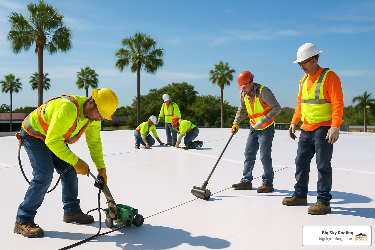 commercial roofing crew installing TPO membrane - roofing repair