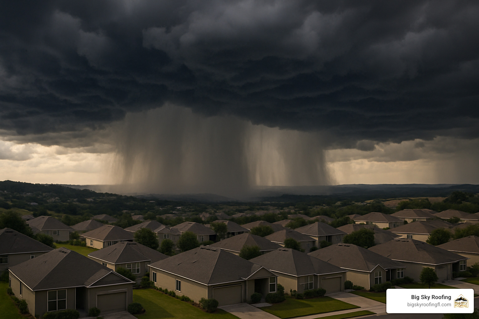 afternoon thunderstorm over rooftops