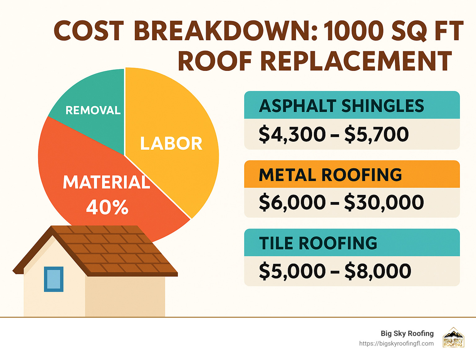 Cost breakdown infographic showing material, labor, removal and permit costs for a 1000 sq ft roof 