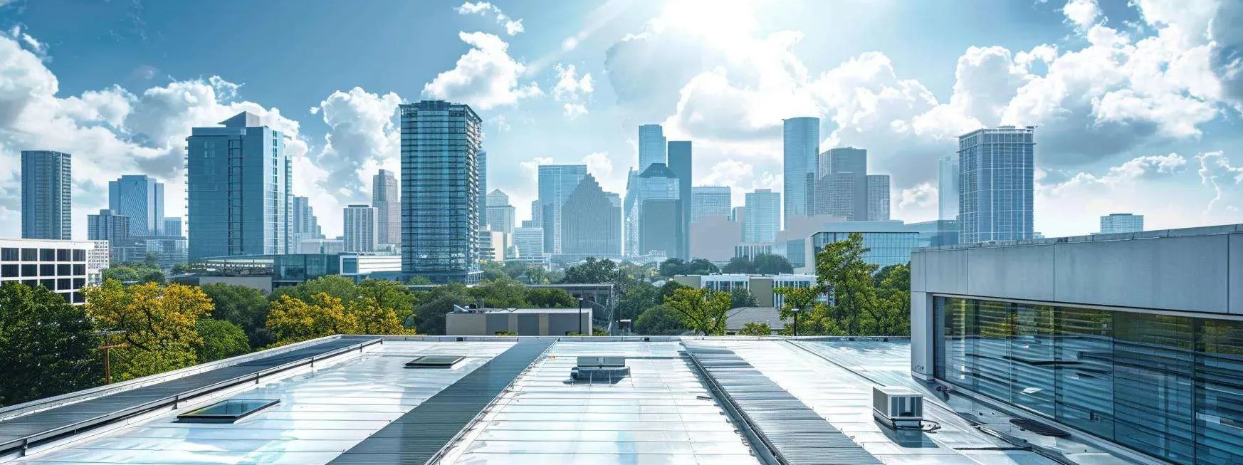 urban rooftop scene showcasing a side-by-side comparison of various roofing materials