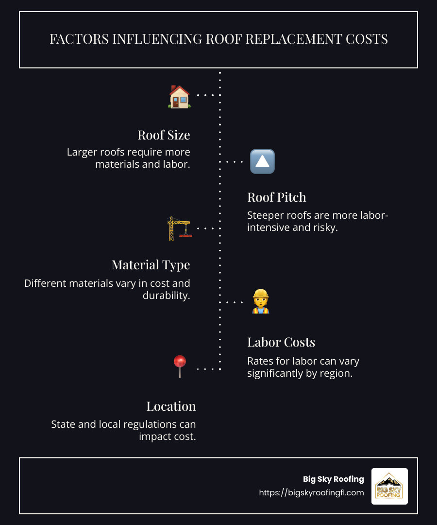 Infographic showing average roof replacement costs by material and factors influencing costs